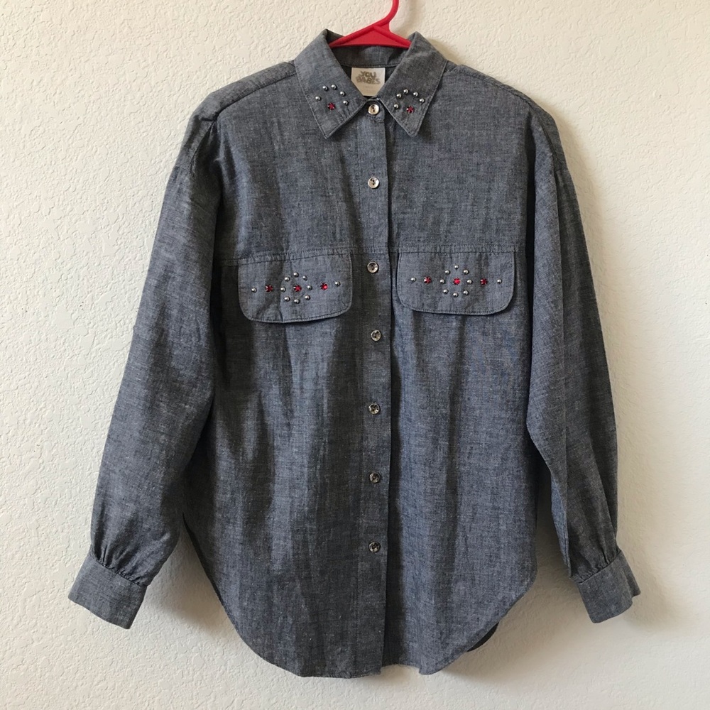 YOU BABES Rhinestones Detailed Chambray Shirt VTG